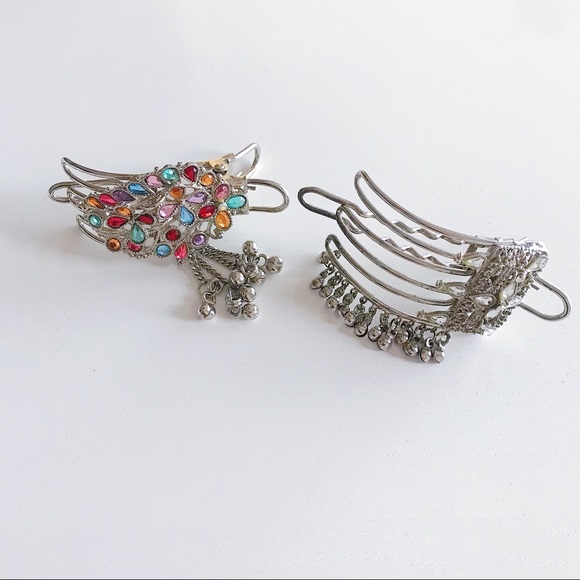 2 Vintage Indian Silver Jeweled Hair Clips - Picture 3 of 7